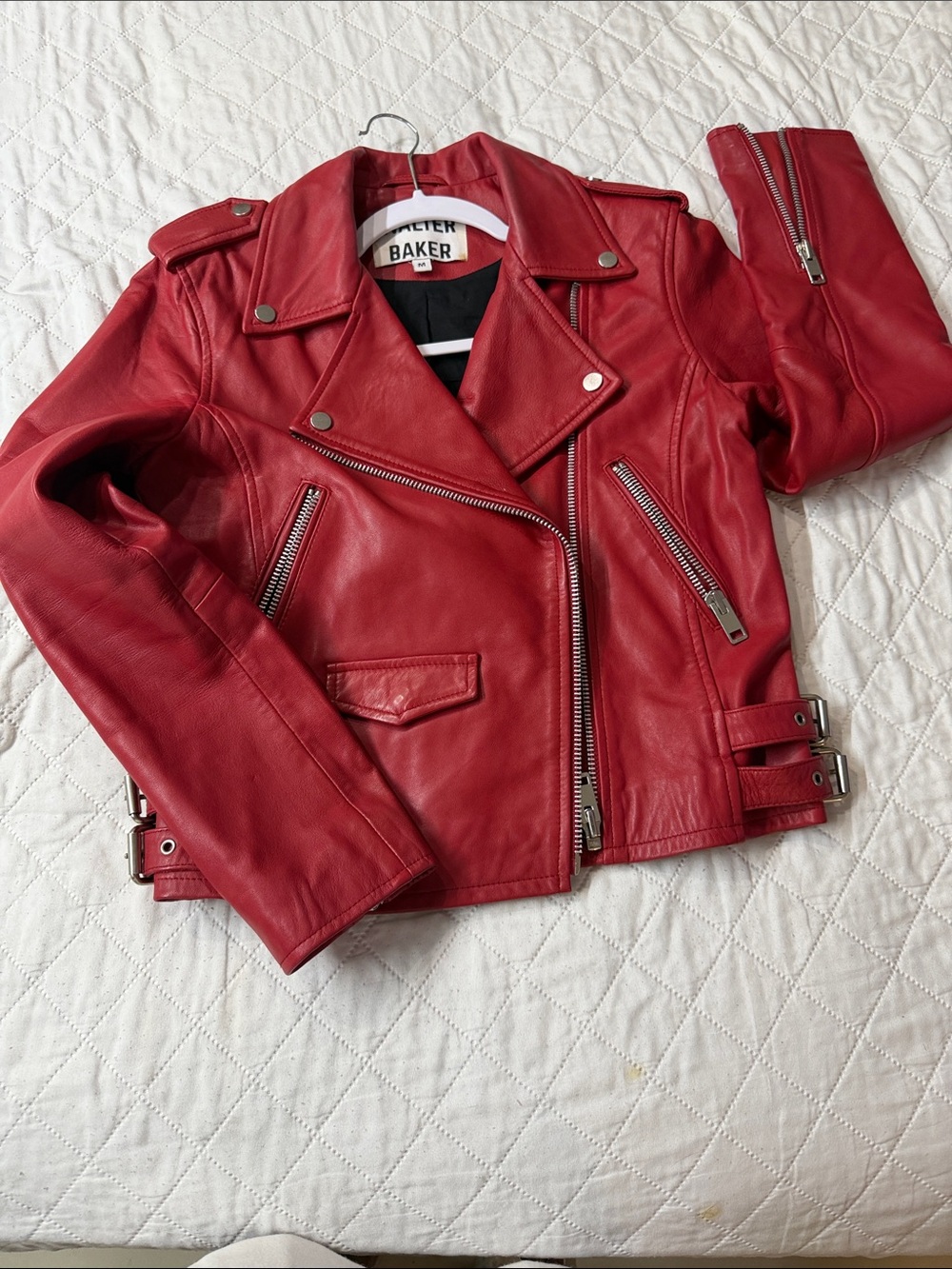 Walter Baker size Med Red Leather Moto Jacket silver zippers studs pockets